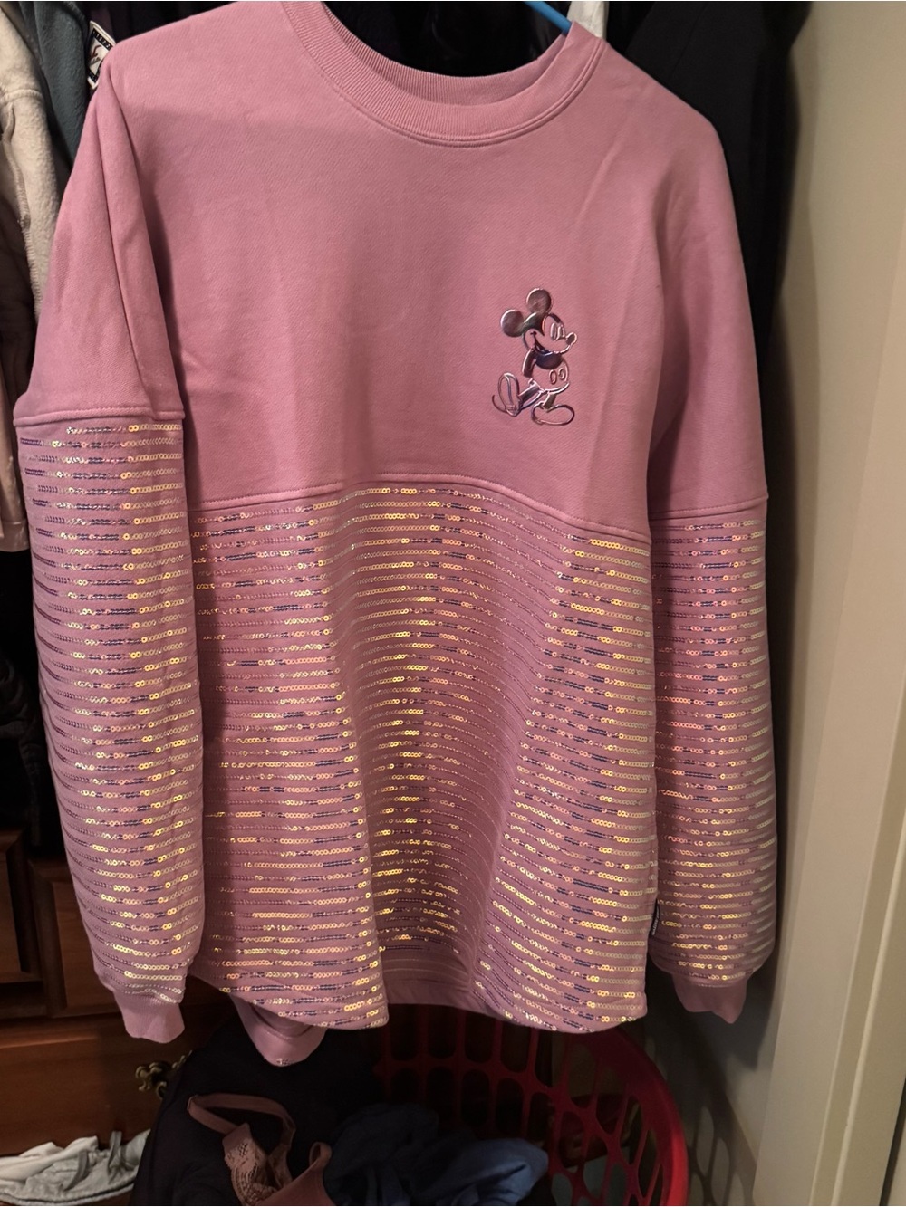 Disney Pink Sequin-Striped Mickey Crewneck Sweatshirt